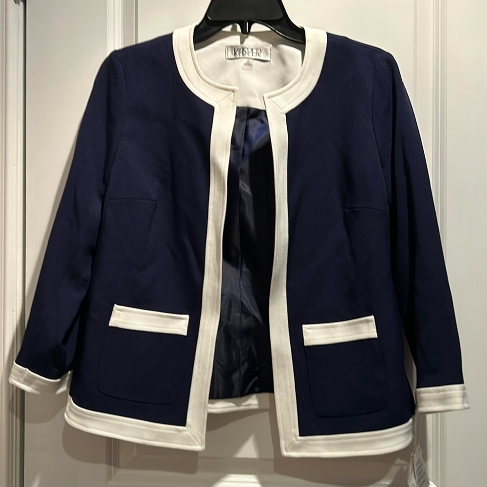 Elegant Open Front Jacket - Navy Blue Color Block